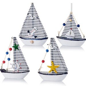 Μπομπονιέρα Ξύλινο Καραβάκι Μπλέ Ρίγα 4 Σχεδίων